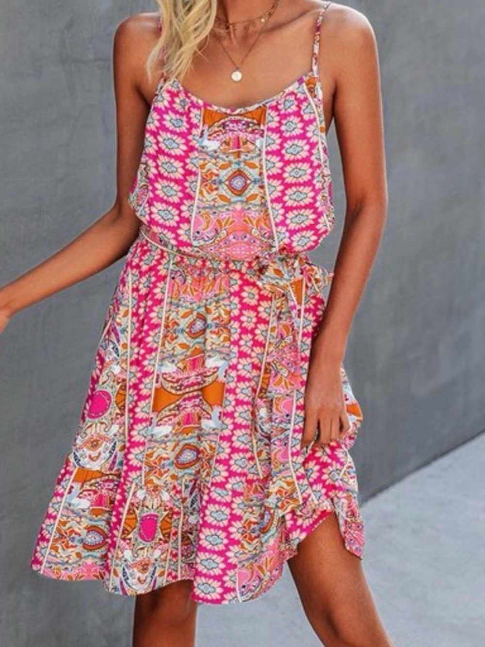 Boho Pretty Garden Coral Pink Paisley Spaghetti Strap spring and Summer Sundress